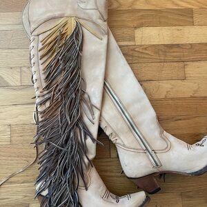 Fringed Over-the-Knee Suede Boots in Light Beige